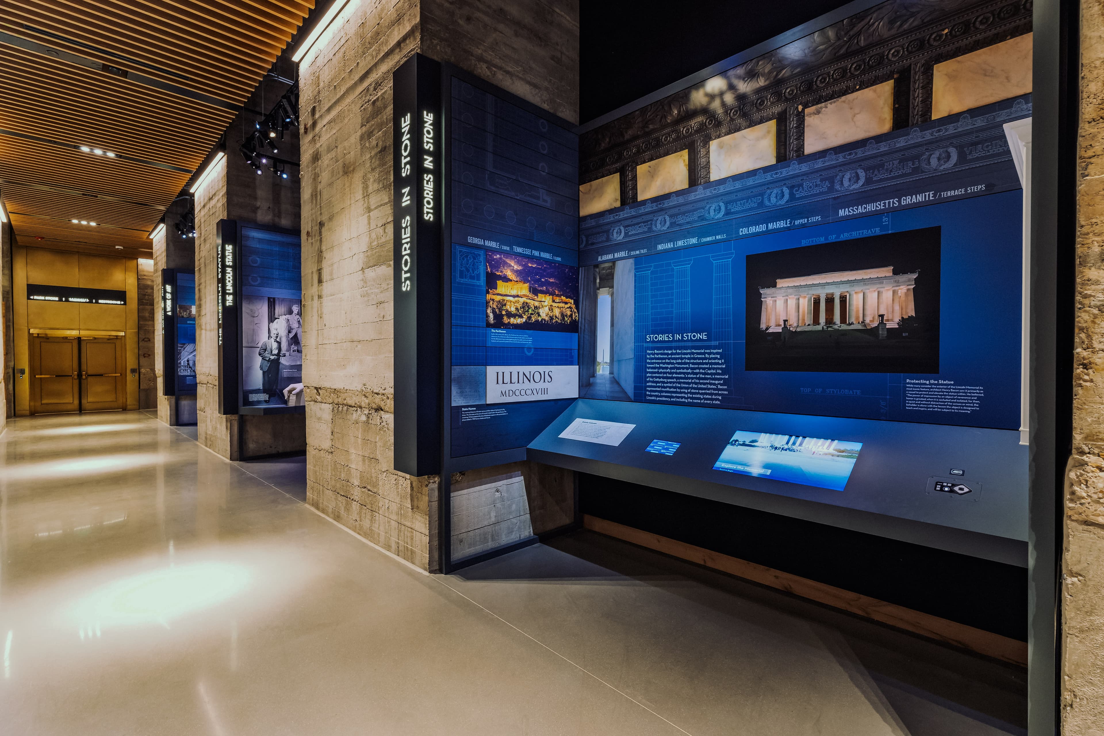 A view of the Undercroft exhibit space. This exhibit is titled 'Stories in Stone'.