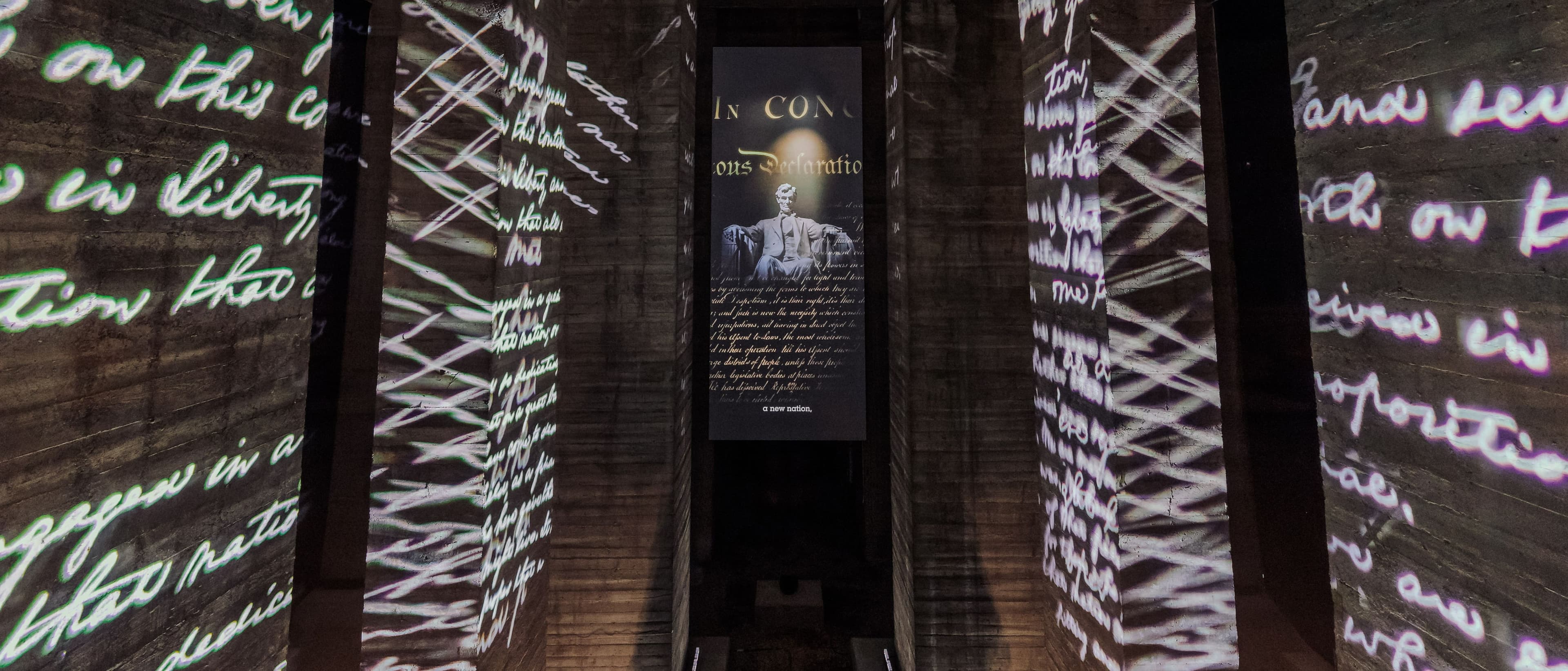 Projections of text on the pillars 