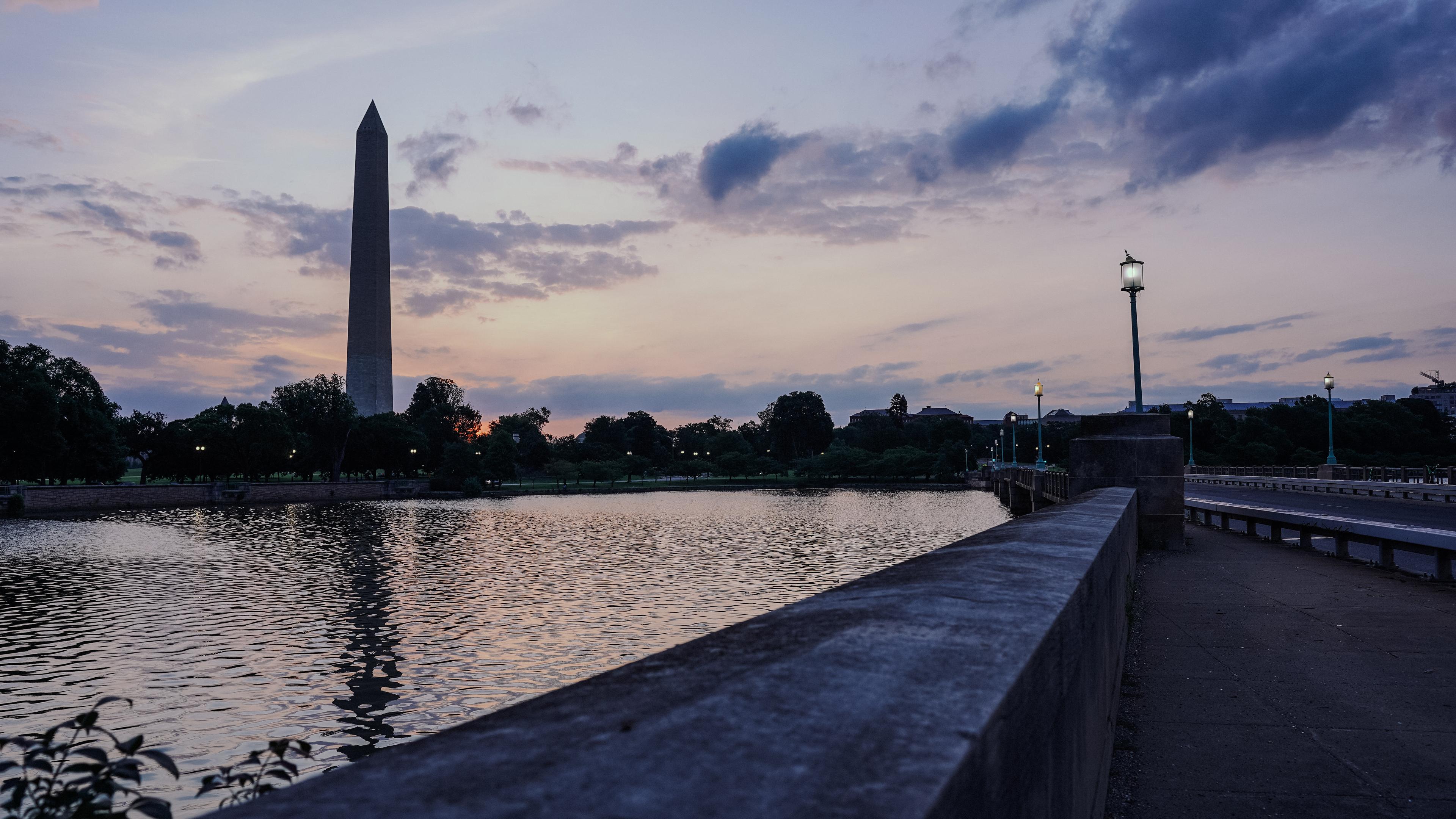 Washington Monument as seen from Kutz Memorial Bridge at dawn